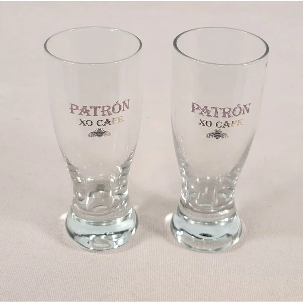 PATRON XO CAFE etched and gold lettering shot glass set of 2